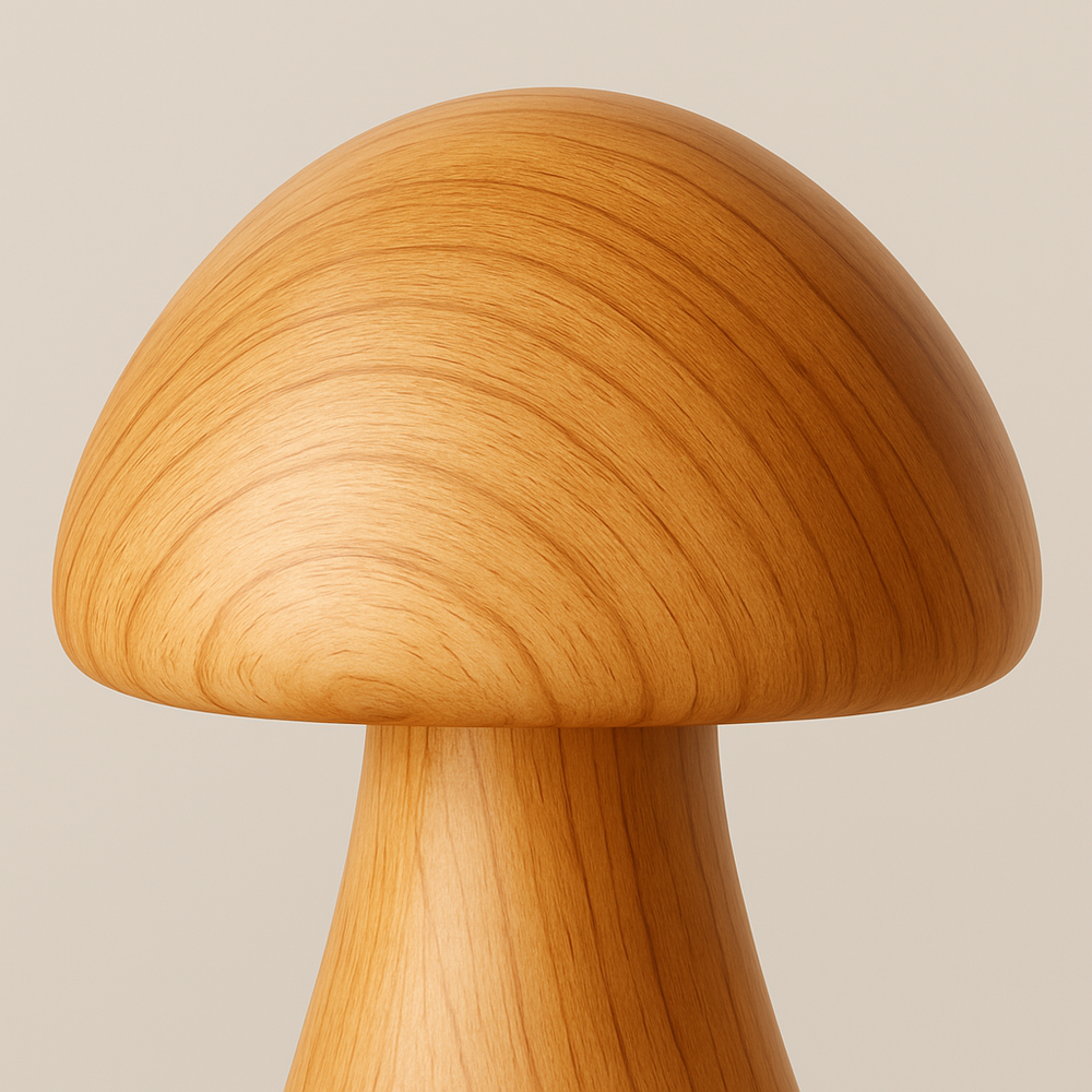 Wooden mushroom-shaped table lamp with smooth dome shade and natural wood grain, 17 cm tall, shown on a cozy wooden tabletop.