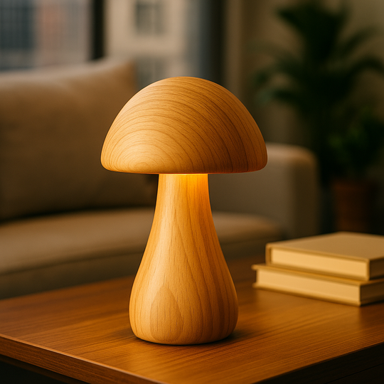Wooden mushroom-shaped table lamp with smooth dome shade and natural wood grain, 17 cm tall, shown on a cozy wooden tabletop.