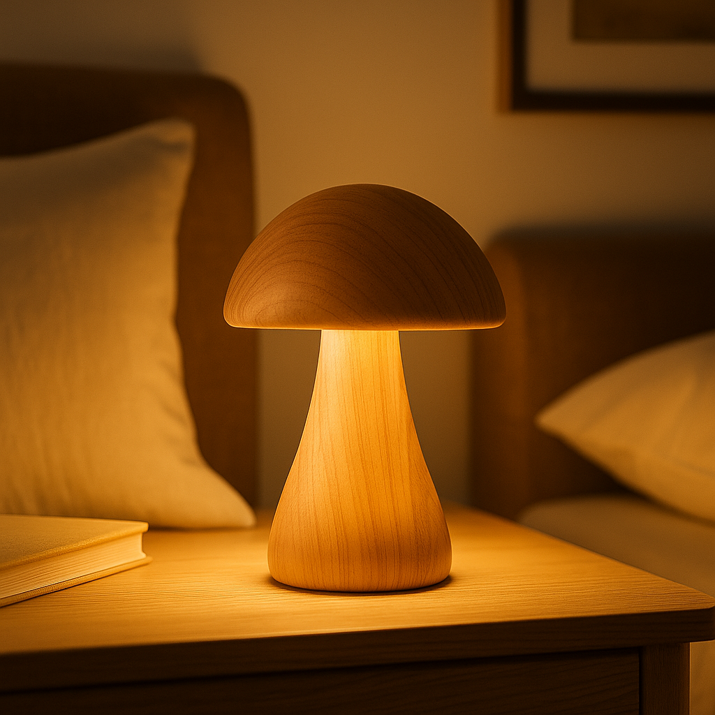 Wooden mushroom-shaped table lamp with smooth dome shade and natural wood grain, 17 cm tall, shown on a cozy wooden tabletop.