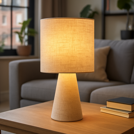Beige linen table lamp with cylindrical shade and tapered base, shown against a clean studio background.