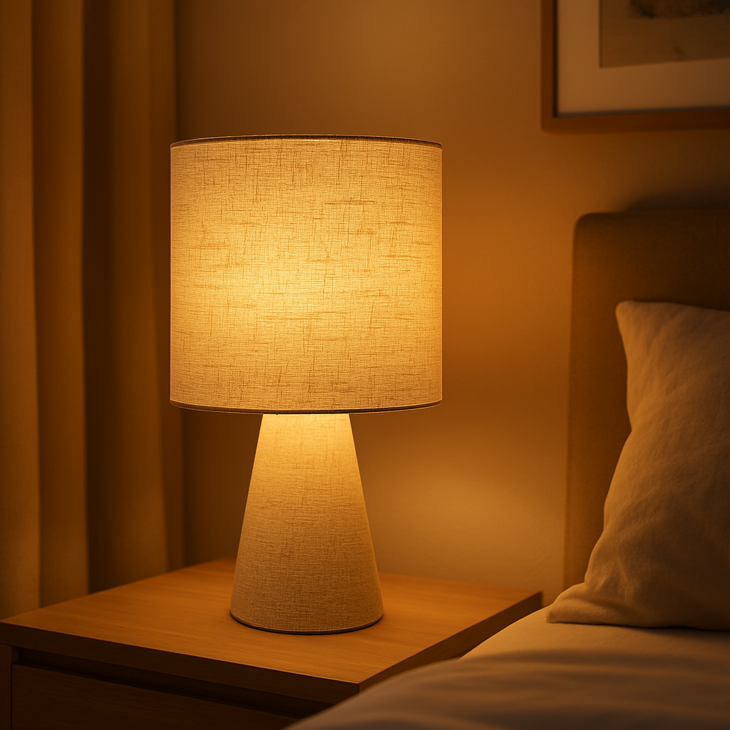 Beige linen table lamp with cylindrical shade and tapered base, shown against a clean studio background.