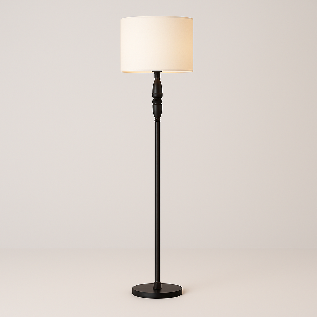 Tall black floor lamp with ivory fabric drum shade, 155 cm in height, displayed on a plain neutral background.