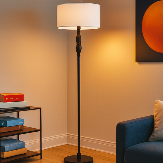 Tall black floor lamp with ivory fabric drum shade, 155 cm in height, displayed on a plain neutral background.