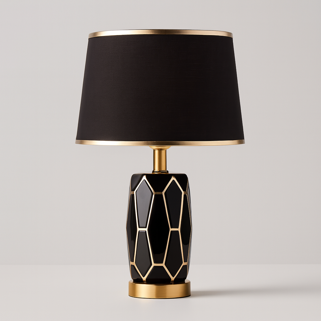 Black and gold geometric table lamp with faceted base and black fabric shade, 50 cm in height, shown on a plain background with size dimensions.