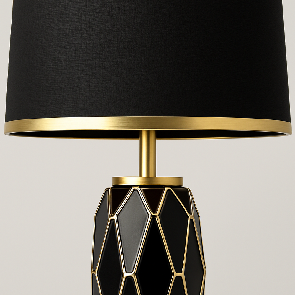 Black and gold geometric table lamp with faceted base and black fabric shade, 50 cm in height, shown on a plain background with size dimensions.