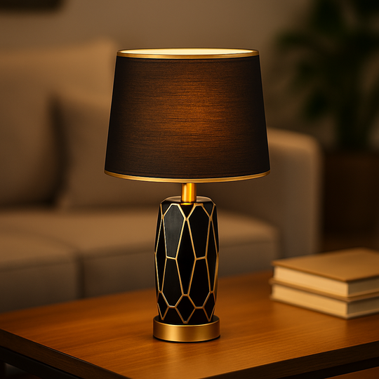 Black and gold geometric table lamp with faceted base and black fabric shade, 50 cm in height, shown on a plain background with size dimensions.