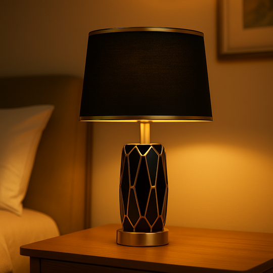 Black and gold geometric table lamp with faceted base and black fabric shade, 50 cm in height, shown on a plain background with size dimensions.