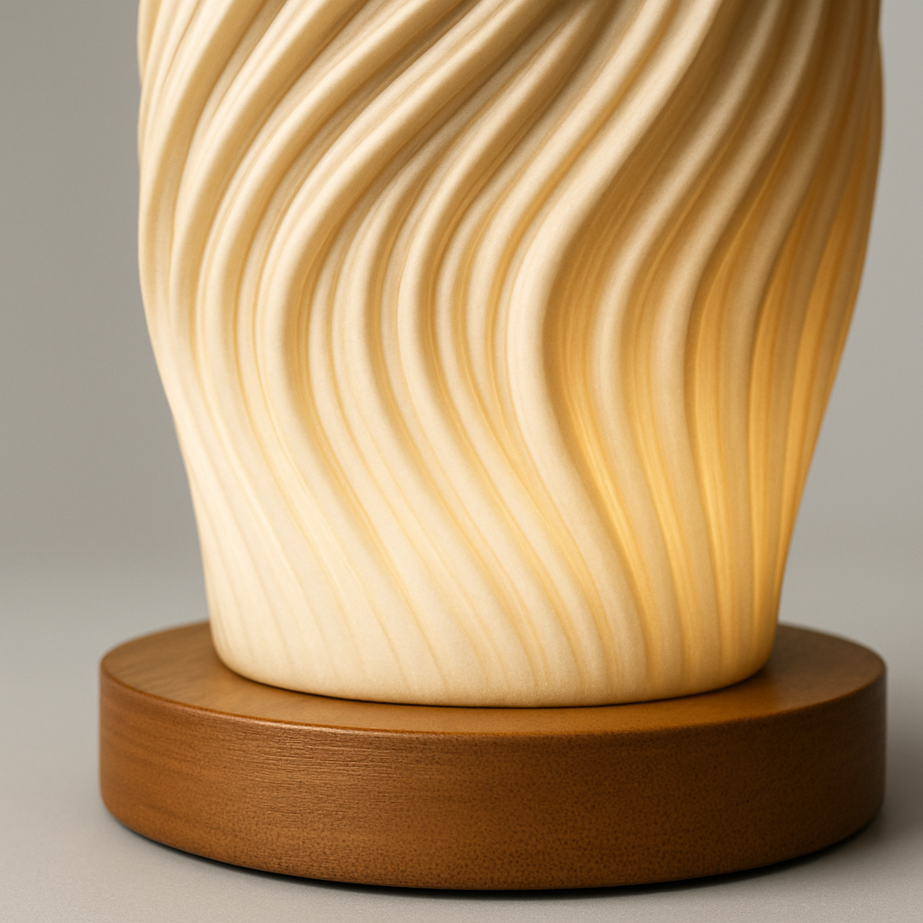 Wave-textured sculptural table lamp with warm LED glow and wooden base, measuring 21 cm tall, shown on a plain background.