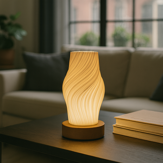 Wave-textured sculptural table lamp with warm LED glow and wooden base, measuring 21 cm tall, shown on a plain background.