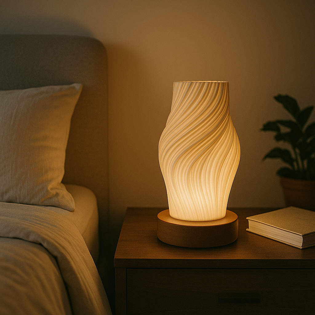 Wave-textured sculptural table lamp with warm LED glow and wooden base, measuring 21 cm tall, shown on a plain background.